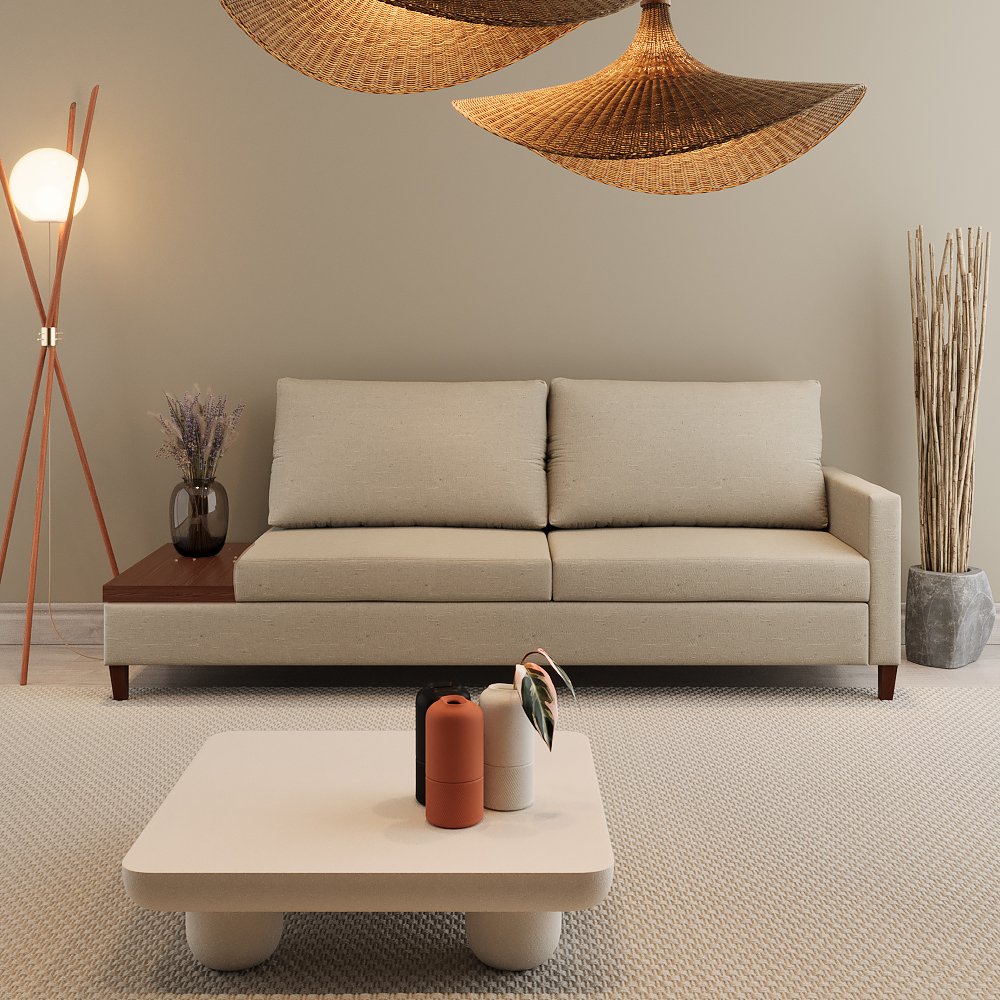 Sofa Square Fixo Largura 2.10m Linho 1054D e Mesa Lateral Lamina